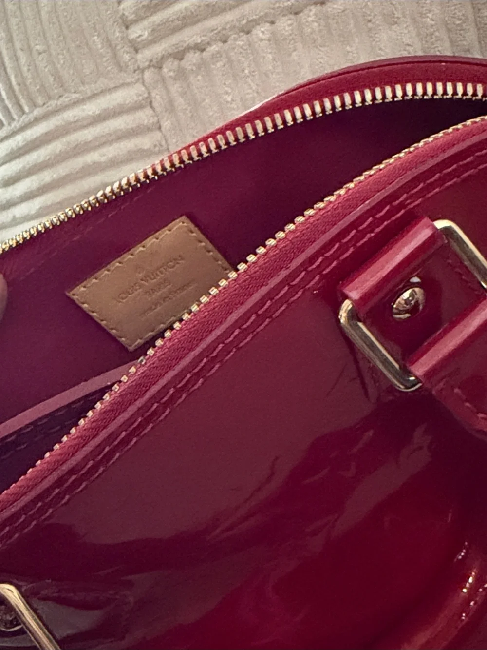 Red Patent Dome Satchel with Gold Hardware
